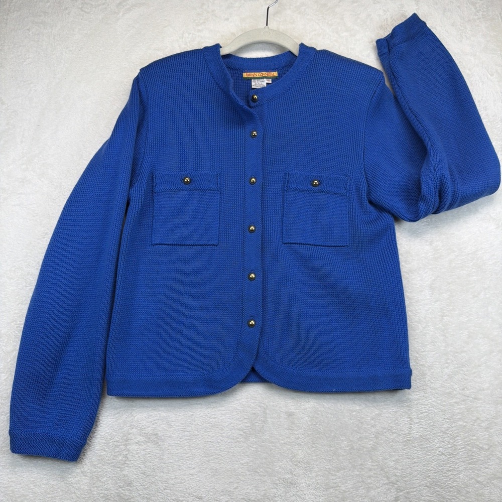 Vintage 80s Bryn Connelly Blue Knit Jacket Gold Buttons Womens Small Preppy